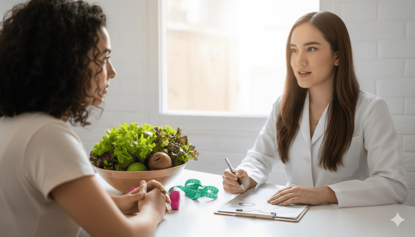 Nutrióloga Jocelyn dando consulta de nutrición a paciente con resistencia a la insulina